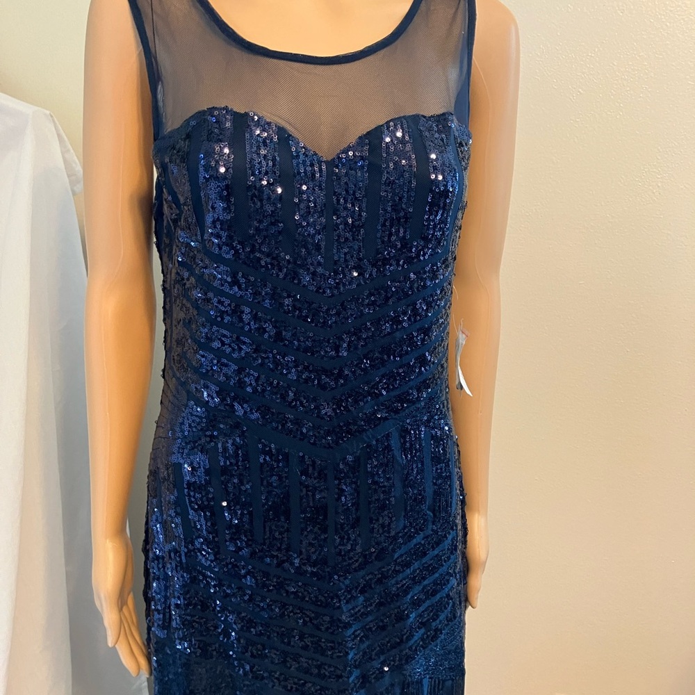 Deb Navy Blue Sequin Strapless Mesh Cocktail Dress